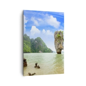 Bild auf Leinwand - Leinwandbild - Eine exotische Felsformation, umgeben von Wasser und Grün unter einem blauen Himmel. - 70x100cm - Felsige Wunder der Natur - Moderne Wanddekoration für Wohnzimmer und Schlafzimmer ARTTOR