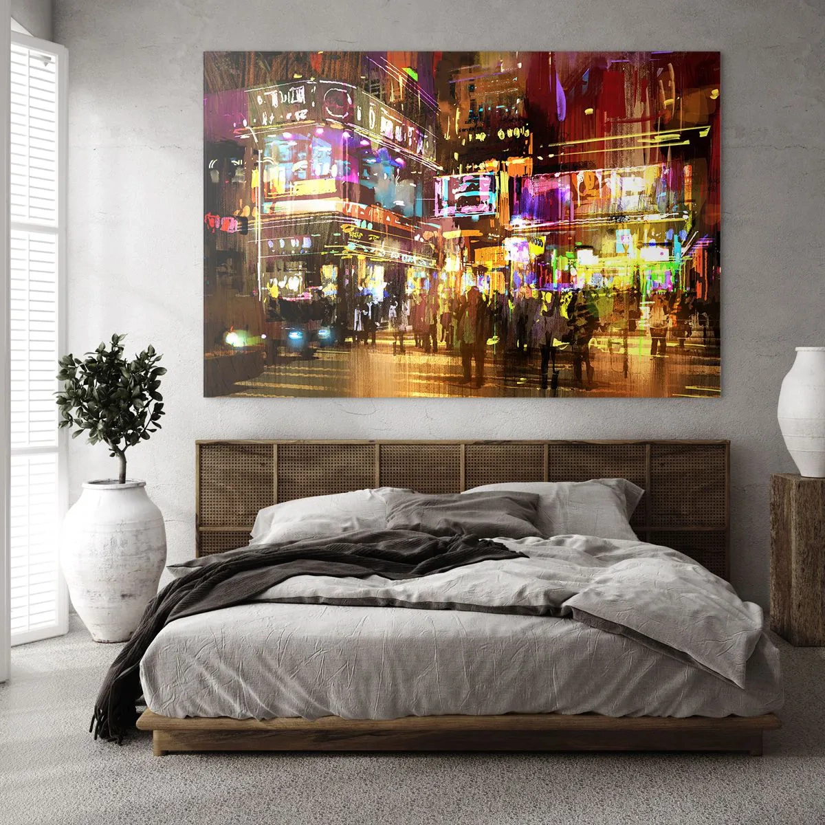 Glasbild - Bild auf glas - Eine pulsierende Stadt im Neonlicht - 120x80cm - In einem Lichtermeer - Moderne Wanddekoration für Wohnzimmer und Schlafzimmer ARTTOR