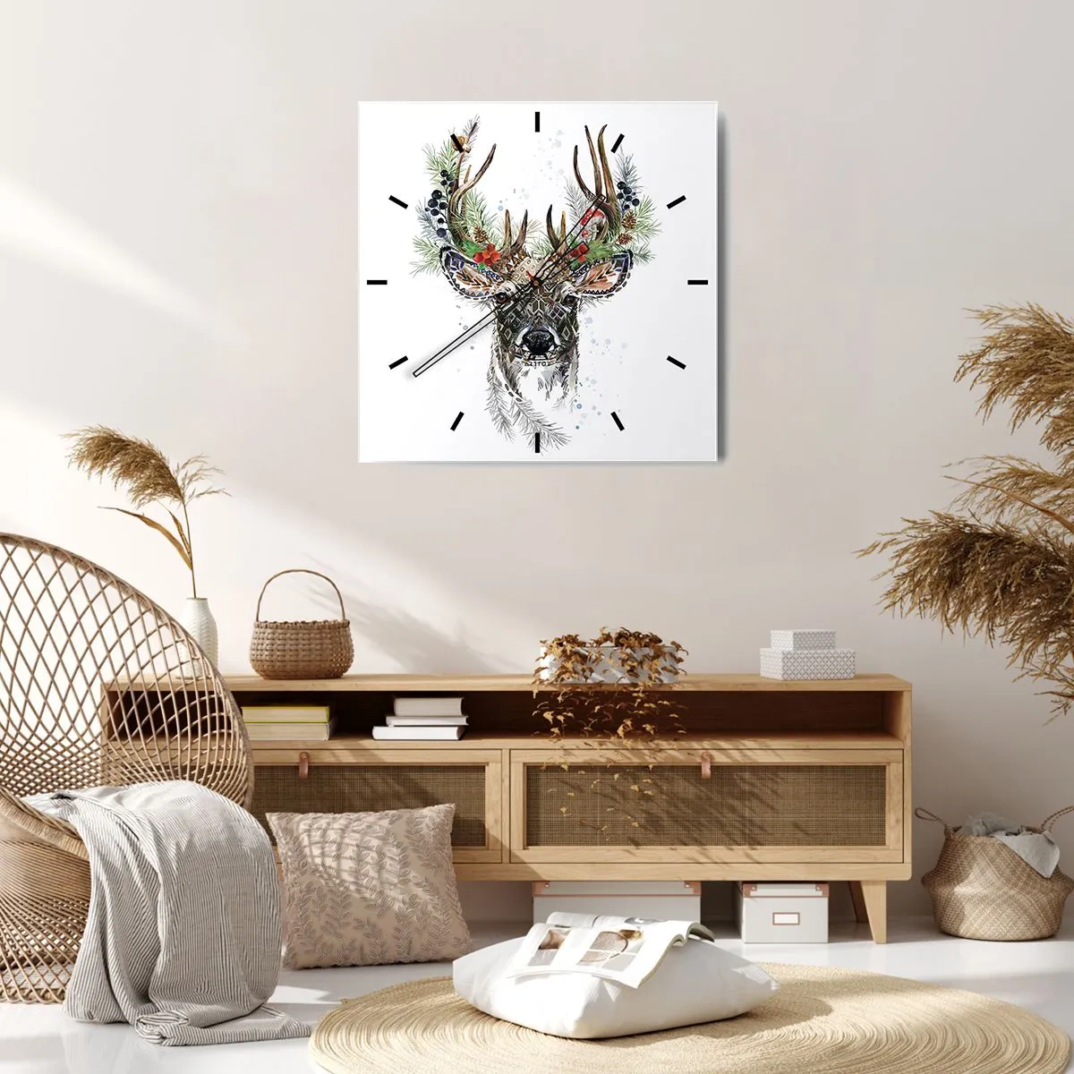 Wanduhr - Glasuhr - Stilisierter Hirsch mit dekorativem Geweih auf weißem Hintergrund - 30x30cm - Im festlichen Gewand - Moderne Wanddekoration für Wohnzimmer und Schlafzimmer ARTTOR
