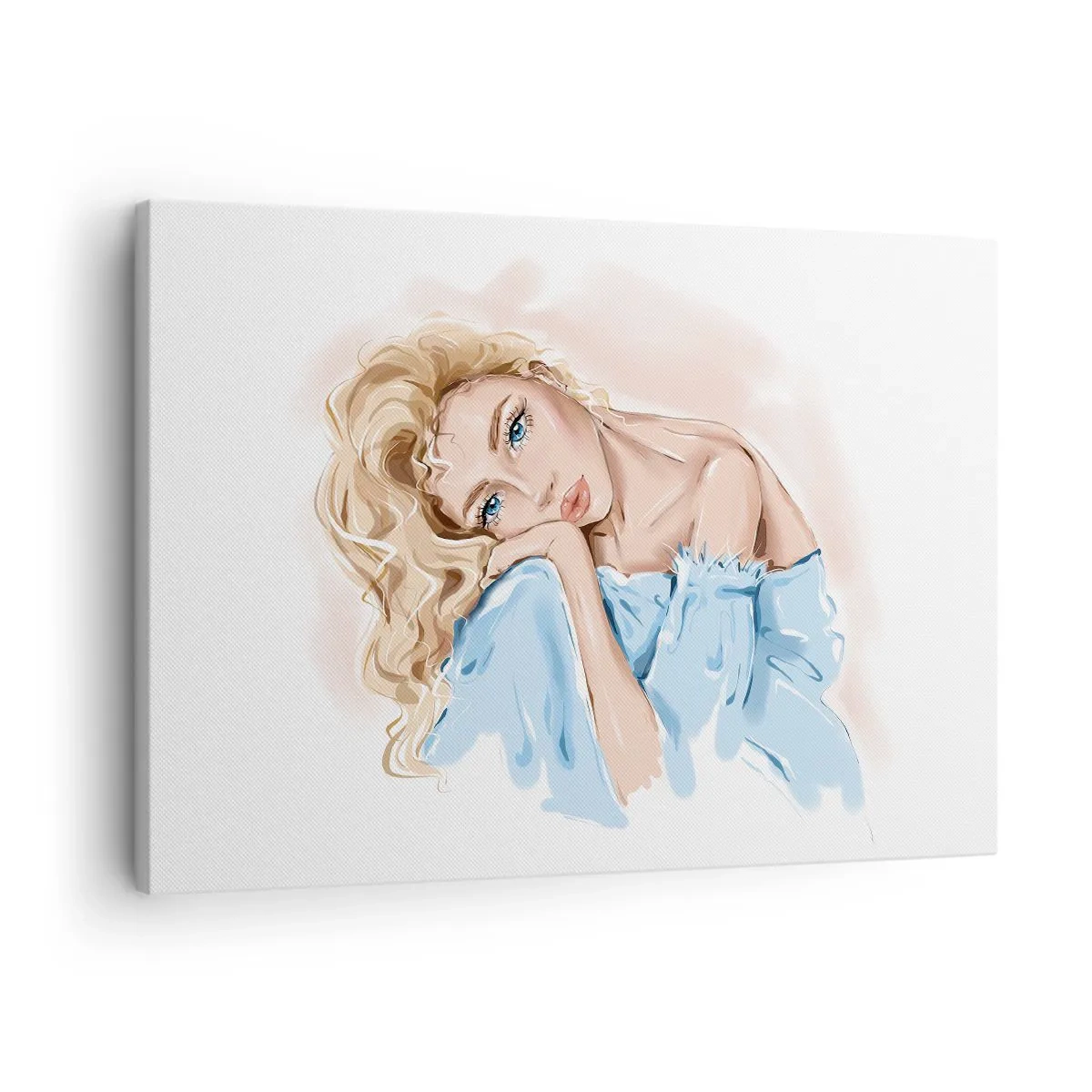 Bild auf Leinwand - Leinwandbild - Porträt einer Frau in einem blauen Kleid mit blonden Haaren - 70x50cm - Verträumt im Blau - Moderne Wanddekoration für Wohnzimmer und Schlafzimmer ARTTOR