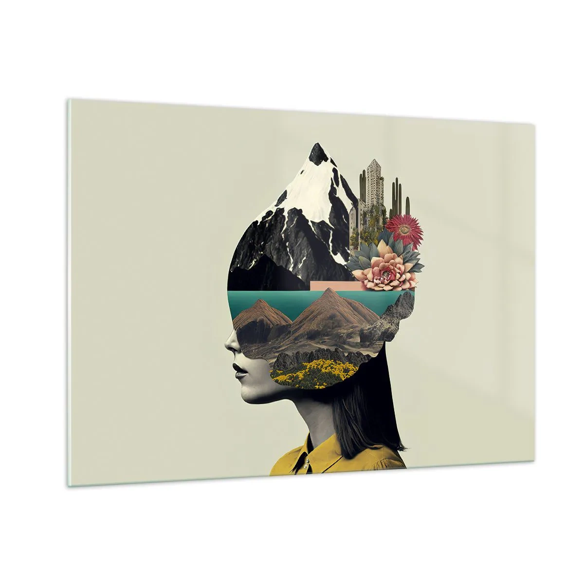 Glasbild - Bild auf glas - Silhouette einer Frau mit einer Berglandschaft und Flora im Kopf - 100x70cm - Frau – bleibt immer ein Geheimnis - Moderne Wanddekoration für Wohnzimmer und Schlafzimmer ARTTOR