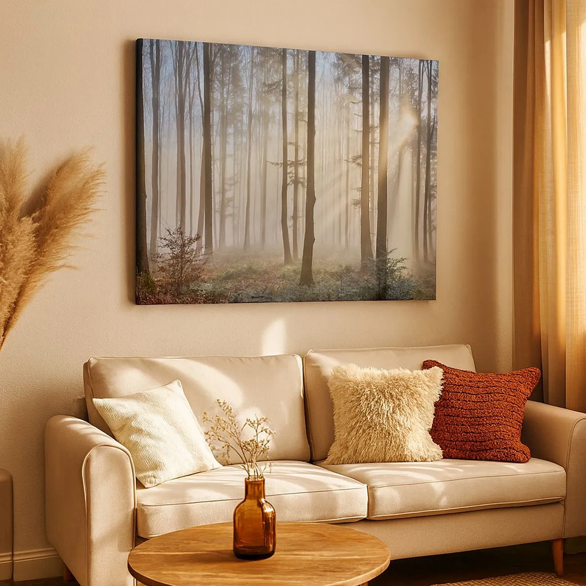 Bild auf Leinwand - Leinwandbild - Ein Wald in leichtem Nebel mit Sonnenstrahlen, die durch die Bäume scheinen - 70x50cm - Der Nebel ist auch aufgewacht - Moderne Wanddekoration für Wohnzimmer und Schlafzimmer ARTTOR
