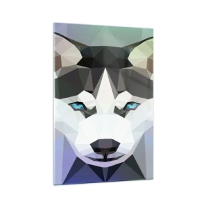 Glasbild - Bild auf glas - Geometrischer Wolf mit ausdrucksstarken blauen Augen - 70x100cm - Die Erinnerung an den Schnee des Nordens - Moderne Wanddekoration für Wohnzimmer und Schlafzimmer ARTTOR