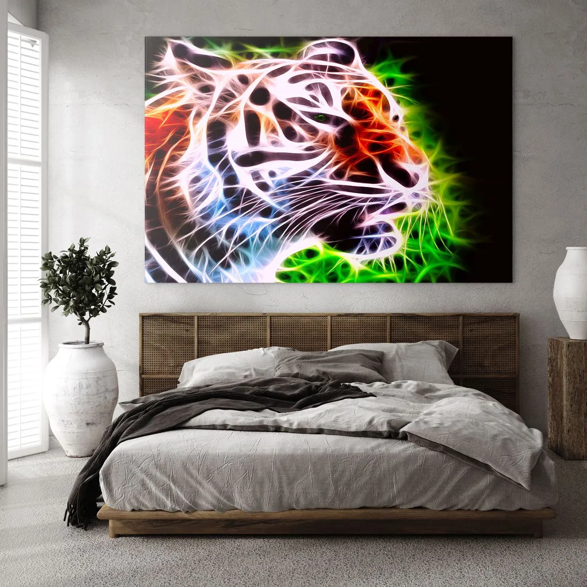 Glasbild - Bild auf glas - Ein Tiger in neonfarbenen, leuchtenden Farben - 120x80cm - Schreckliche Aura - Moderne Wanddekoration für Wohnzimmer und Schlafzimmer ARTTOR