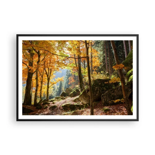 Poster in einem schwarzem Rahmen - Ein Herbstwald voller goldener Blätter und Sonnenlicht - 100x70cm - Zeit zum Entspannen - Moderne Wanddekoration für Wohnzimmer und Schlafzimmer ARTTOR