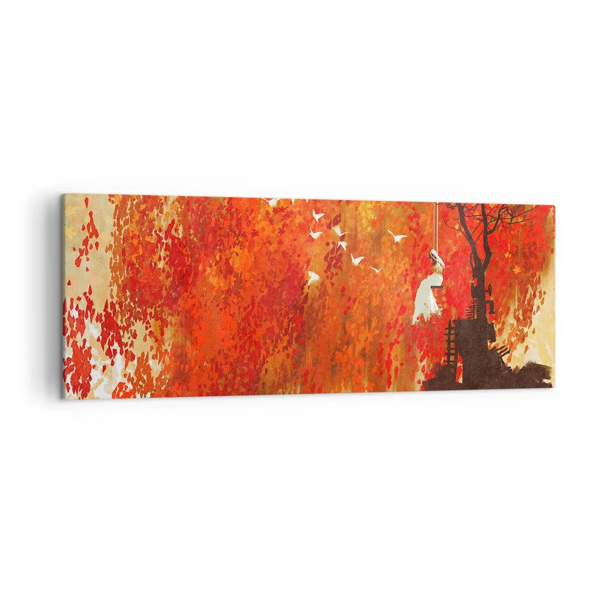 Bild auf Leinwand - Leinwandbild - Eine Figur auf einer Schaukel neben einem Baum, umgeben von roten Blättern - 140x50cm - Wird er mit ihnen fliegen? - Moderne Wanddekoration für Wohnzimmer und Schlafzimmer ARTTOR