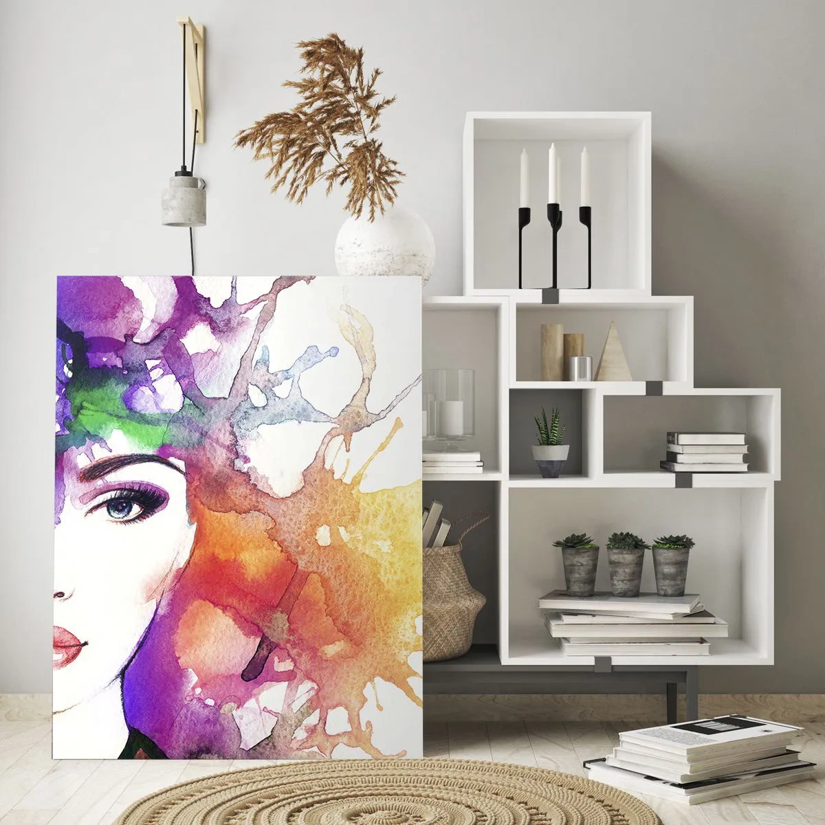 Glasbild - Bild auf glas - Porträt einer Frau in Aquarellfarben mit abstrakten Flecken - 70x100cm - Mit dem Kopf in den Wolken - Moderne Wanddekoration für Wohnzimmer und Schlafzimmer ARTTOR