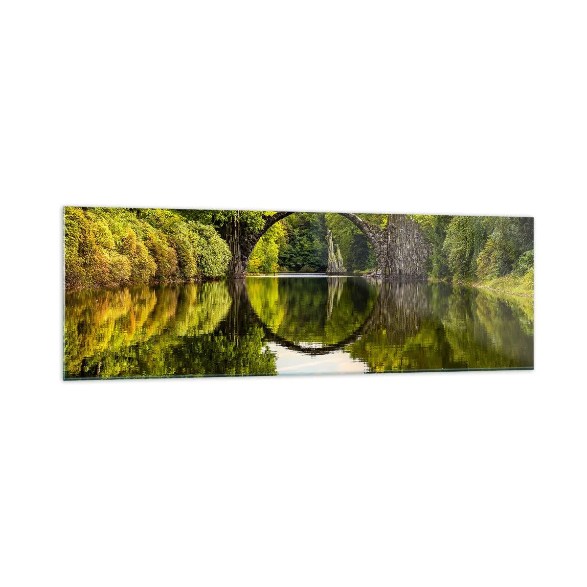 Glasbild - Bild auf glas - Eine Steinbrücke über einen Fluss mit einer perfekten Spiegelung im Wasser - 160x50cm - An der Kreuzung zweier Welten - Moderne Wanddekoration für Wohnzimmer und Schlafzimmer ARTTOR