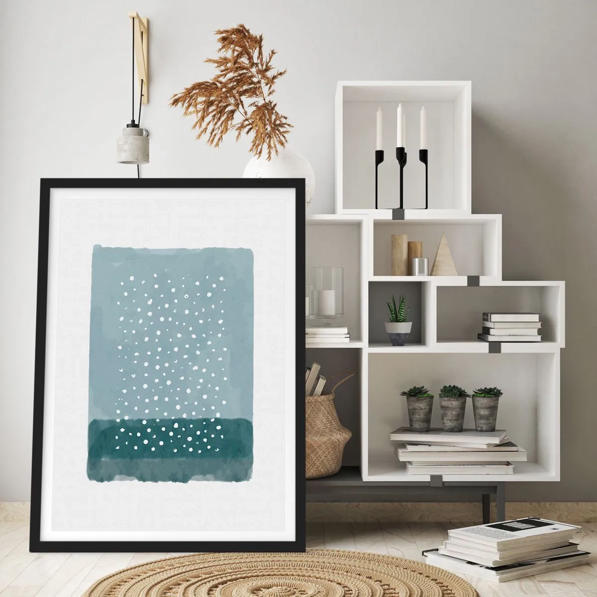 Poster in einem schwarzem Rahmen - Eine abstrakte Komposition mit weißen Punkten auf blauem Hintergrund. - 50x70cm - Auf Blau gewachsen - Moderne Wanddekoration für Wohnzimmer und Schlafzimmer ARTTOR