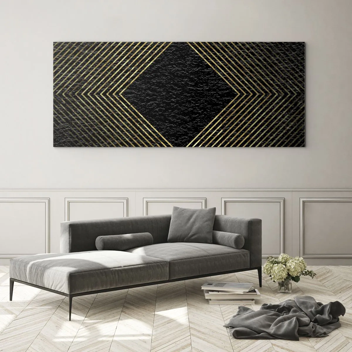 Glasbild - Bild auf glas - Schwarzer Hintergrund mit einem geometrischen Muster aus goldenen Linien - 140x50cm - Geometrie im glamourösen Stil - Moderne Wanddekoration für Wohnzimmer und Schlafzimmer ARTTOR
