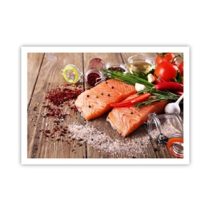 Poster - Lachsfilets mit Gewürzen auf Holzhintergrund - 100x70cm - Norwegisches Abenteuer in der Küche - Moderne Wanddekoration für Wohnzimmer und Schlafzimmer ARTTOR