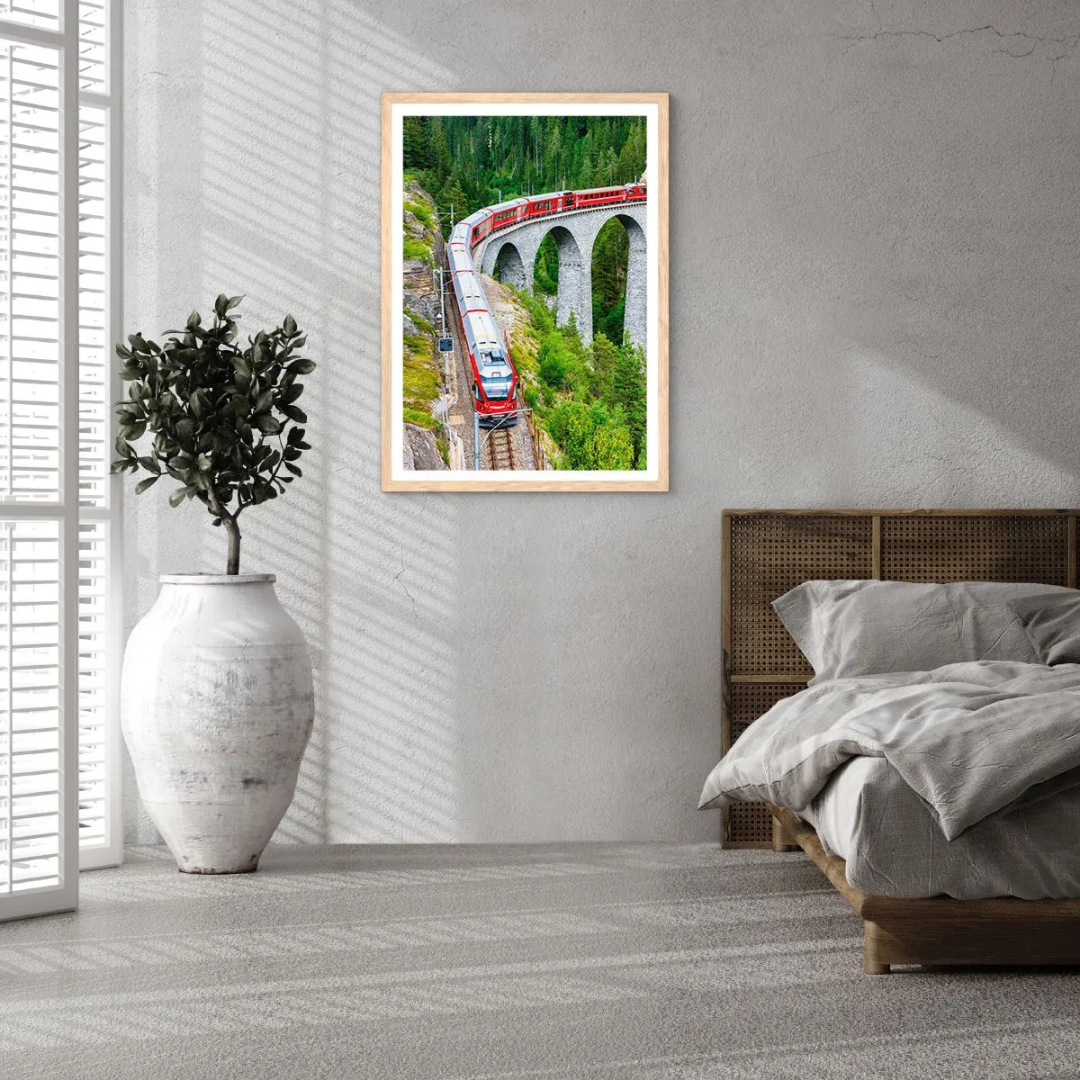 Poster in einem Rahmen aus heller Eiche - Eisenbahn für Bergblick - 50x70 cm