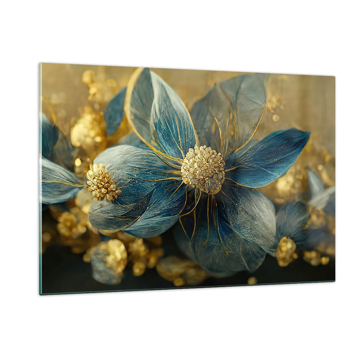 Glasbild - Bild auf glas - Blaue und goldene Blumen mit einem luxuriösen Gefühl - 120x80cm - Mit Gold blühen - Moderne Wanddekoration für Wohnzimmer und Schlafzimmer ARTTOR