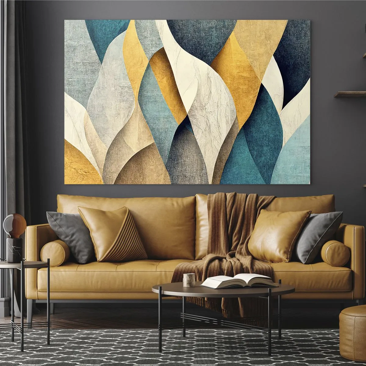 Glasbild - Bild auf glas - Abstrakte Formen in Gelb- und Blautönen - 70x50cm - Rhythmus und Welle - Moderne Wanddekoration für Wohnzimmer und Schlafzimmer ARTTOR