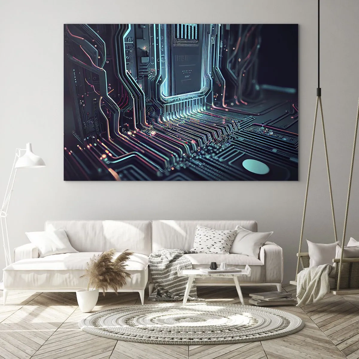 Glasbild - Bild auf glas - Neon-Visualisierung von Prozessorspuren auf schwarzem Hintergrund - 70x50cm - Ich denke nur… - Moderne Wanddekoration für Wohnzimmer und Schlafzimmer ARTTOR