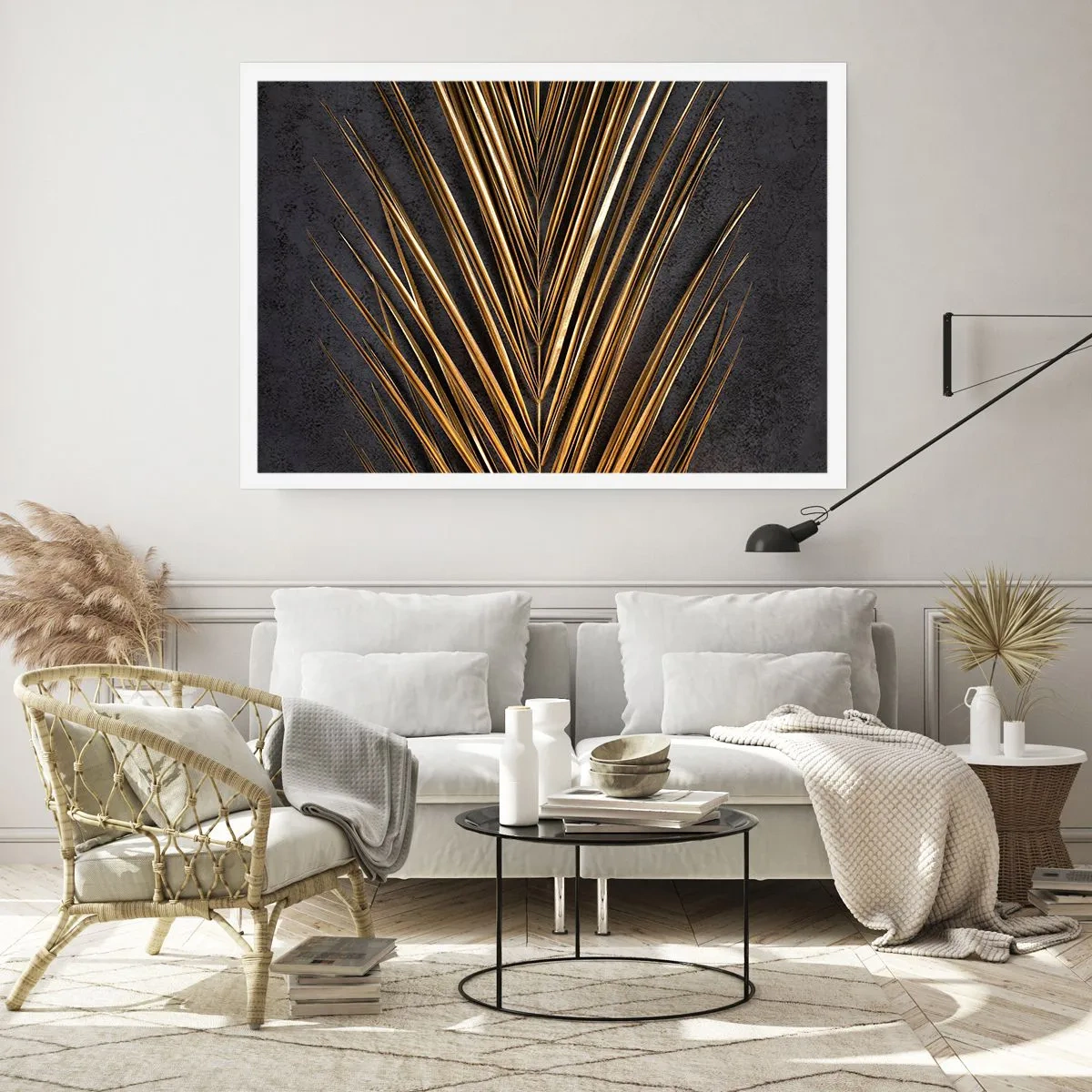 Poster - Goldenes tropisches Blatt auf schwarzem Hintergrund - 100x70cm - Das Gold der Tropen - Moderne Wanddekoration für Wohnzimmer und Schlafzimmer ARTTOR