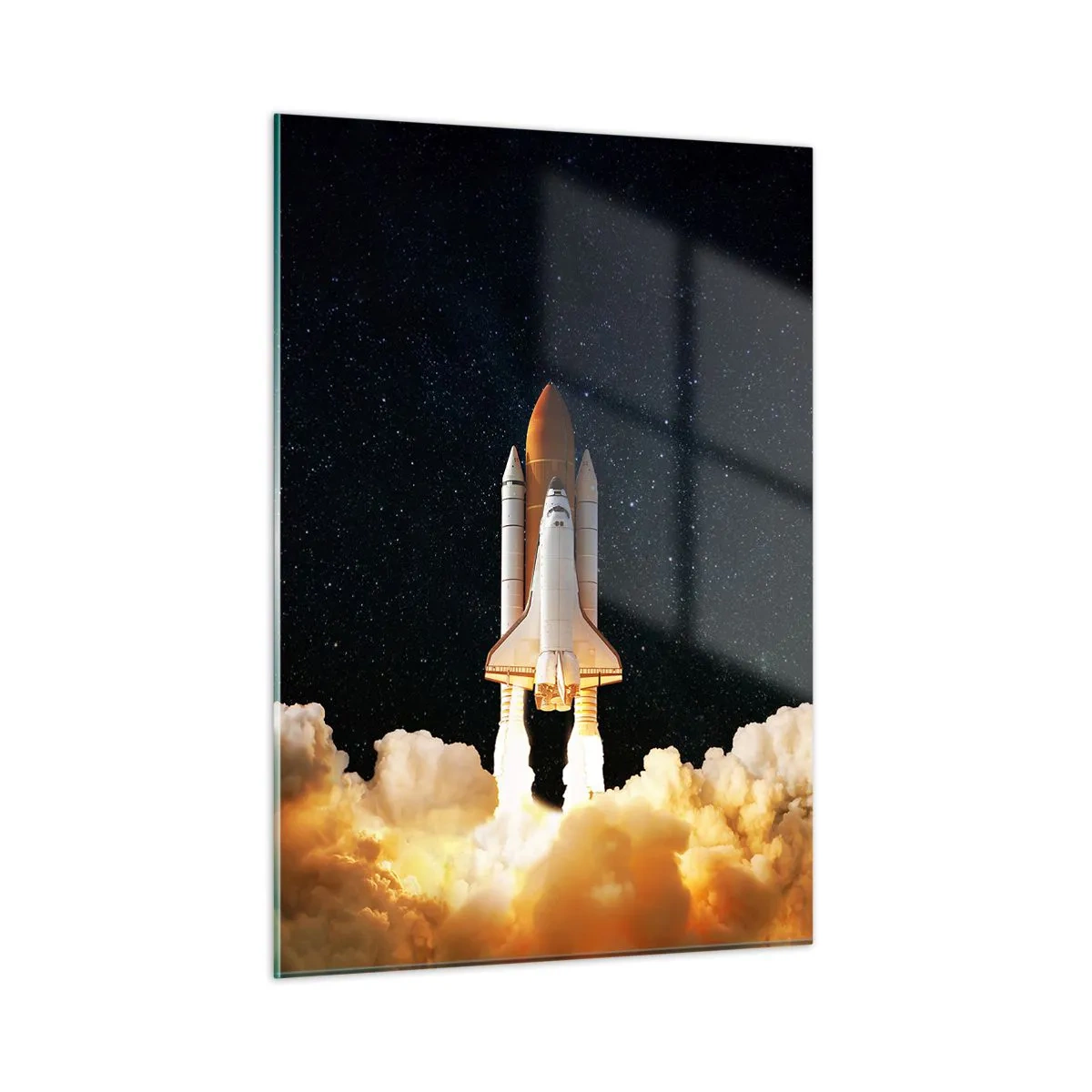 Glasbild - Bild auf glas - Ein Space Shuttle hebt vor einem Sternenhimmel ab - 50x70cm - Ad Astra! - Moderne Wanddekoration für Wohnzimmer und Schlafzimmer ARTTOR