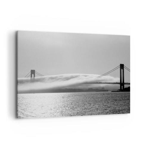 Bild auf Leinwand - Leinwandbild - Eine Brücke über Wasser, eingehüllt in Nebel in einer Schwarz-Weiß-Aufnahme - 120x80cm - Segeln durch das Goldene Tor - Moderne Wanddekoration für Wohnzimmer und Schlafzimmer ARTTOR