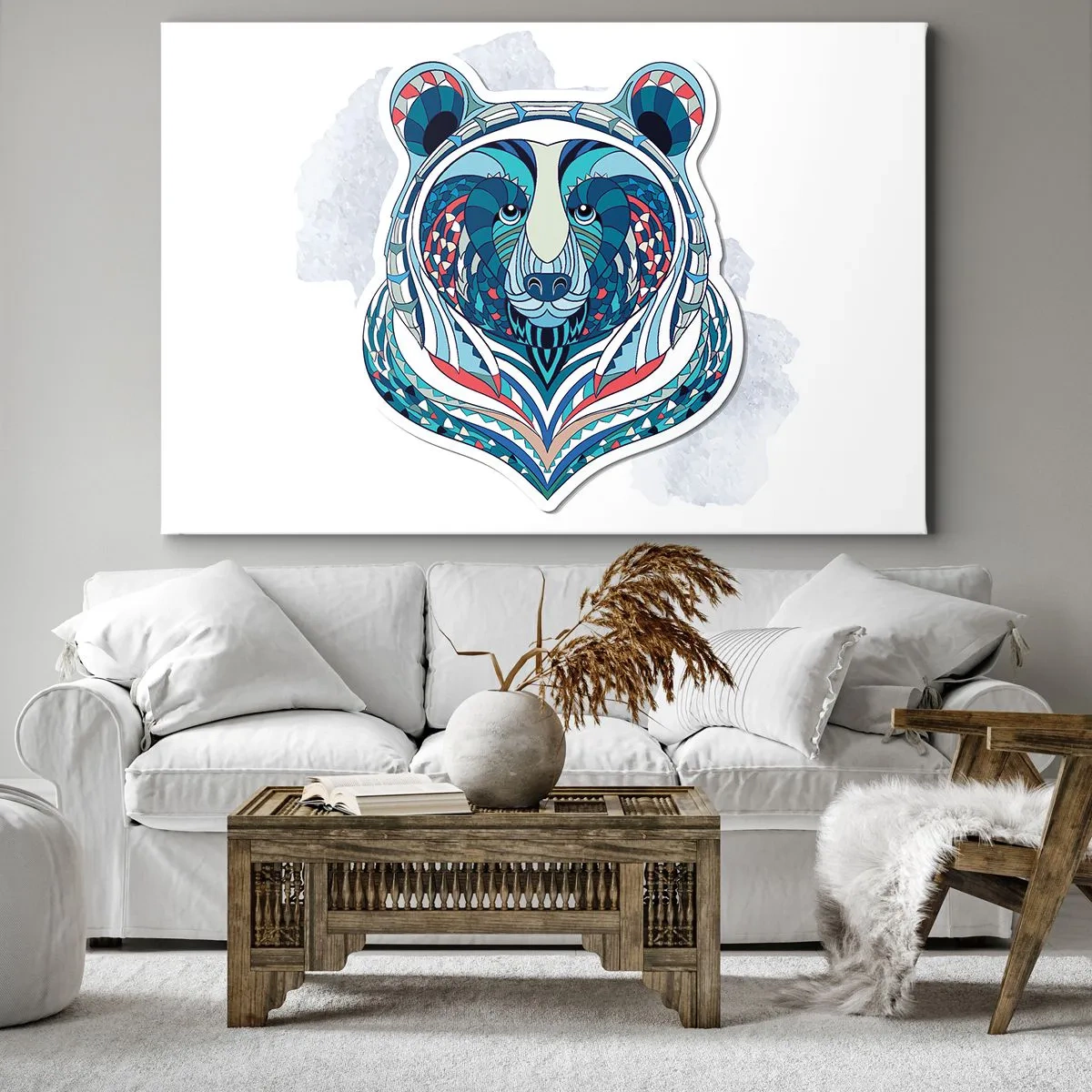 Bild auf Leinwand - Leinwandbild - Geometrischer Bär in Blau- und Rottönen - 70x50cm - Eviva Grönland! - Moderne Wanddekoration für Wohnzimmer und Schlafzimmer ARTTOR