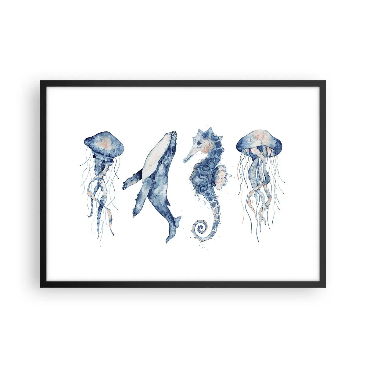 Poster in einem schwarzem Rahmen - Quallen, Wale und Seepferdchen im Aquarellstil - 70x50cm - Meereswunder - Moderne Wanddekoration für Wohnzimmer und Schlafzimmer ARTTOR