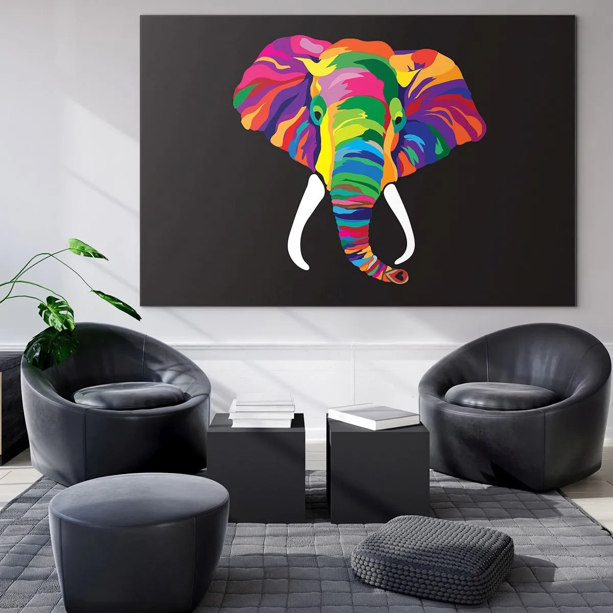 Glasbild - Bild auf glas - Ein bunter Elefant auf schwarzem Hintergrund im künstlerischen Stil - 70x50cm - Der Elefant, der es liebte, im Regenbogen zu baden - Moderne Wanddekoration für Wohnzimmer und Schlafzimmer ARTTOR
