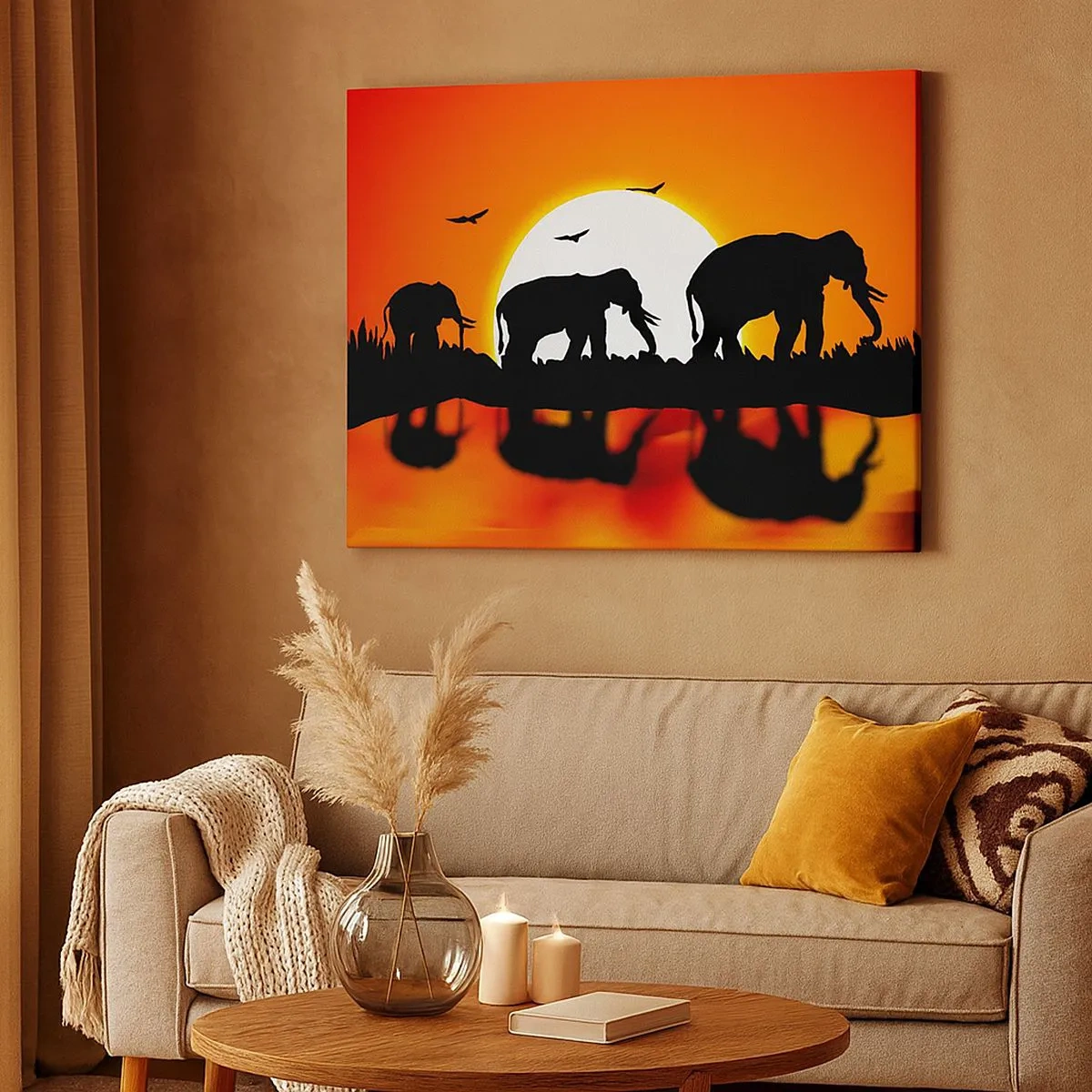 Bild auf Leinwand - Leinwandbild - Silhouetten von Elefanten bei Sonnenuntergang über dem Wasser mit Reflexion - 70x50cm - Und abends einen kleinen Drink trinken - Moderne Wanddekoration für Wohnzimmer und Schlafzimmer ARTTOR