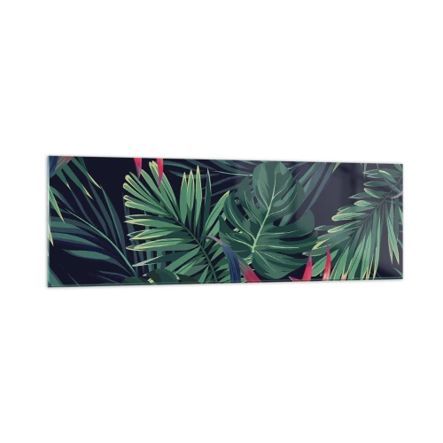 Glasbild - Bild auf glas - Tropische Blätter und Blüten auf dunklem Hintergrund - 160x50cm - Im Grünen in Flammen gehen - Moderne Wanddekoration für Wohnzimmer und Schlafzimmer ARTTOR