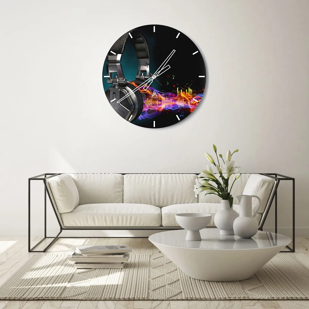 Wanduhr - Glasuhr - Kopfhörer mit Musikvisualisierung und Farbeffekten - 30x30cm - Feuer der Musik - Moderne Wanddekoration für Wohnzimmer, Küche und Schlafzimmer ARTTOR