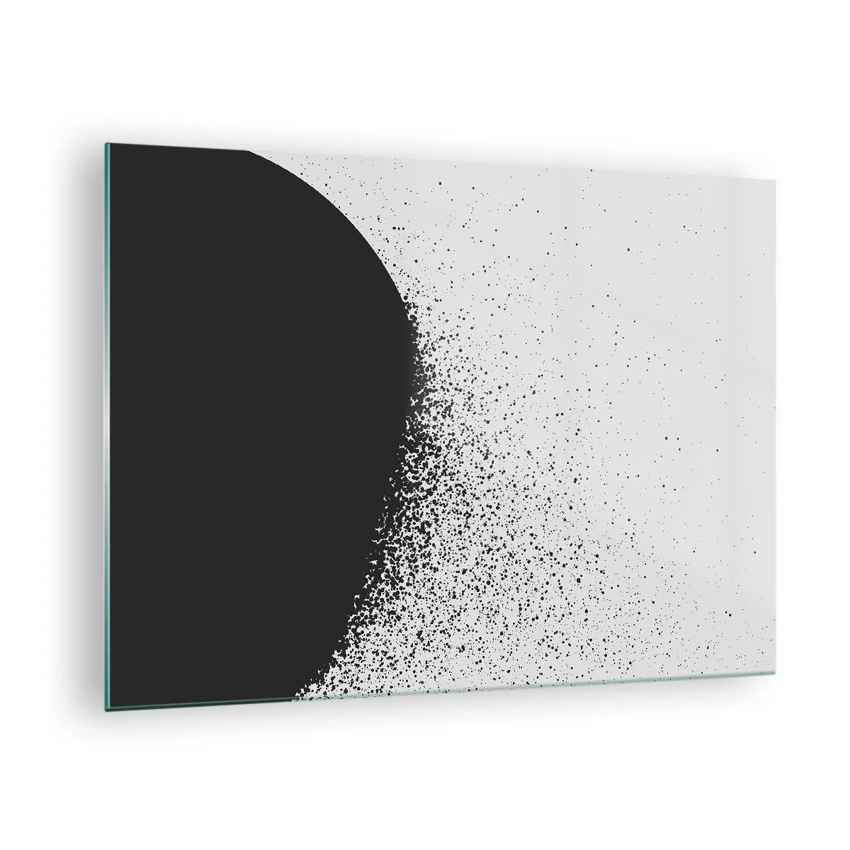 Glasbild - Bild auf glas - Abstraktion einer schwarzen Masse, die auf weißem Hintergrund auseinanderfällt - 70x50cm - Bewegung von Molekülen - Moderne Wanddekoration für Wohnzimmer und Schlafzimmer ARTTOR