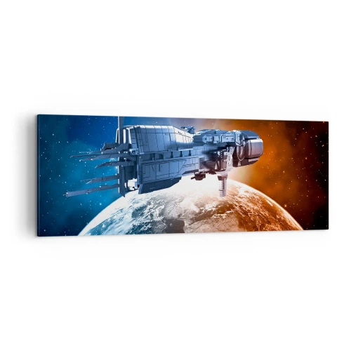 Bild auf Leinwand - Leinwandbild - Ein Raumschiff vor dem Hintergrund eines Planeten im Weltraum - 140x50cm - Ein aufmerksamer Beobachter - Moderne Wanddekoration für Wohnzimmer und Schlafzimmer ARTTOR