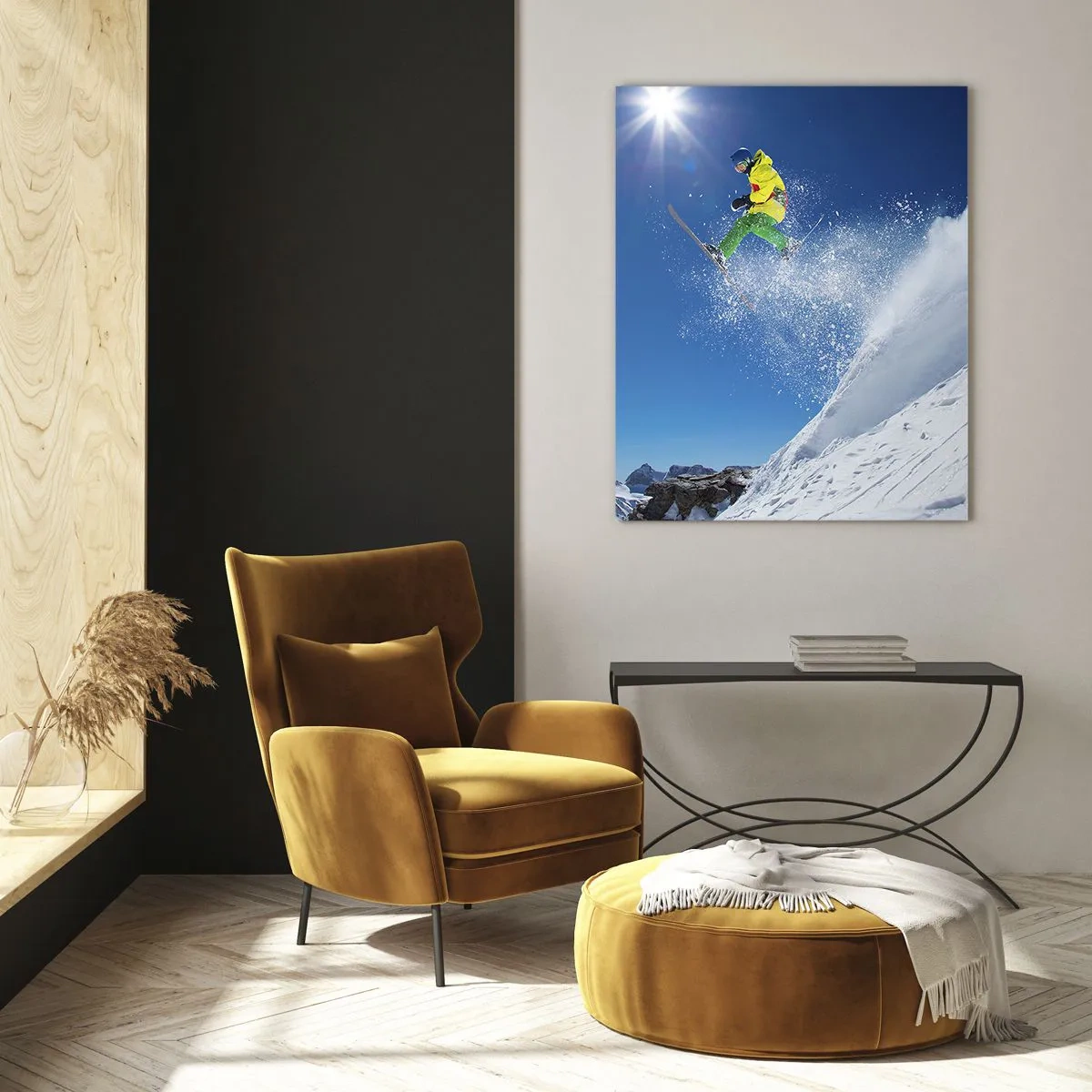 Glasbild - Bild auf glas - Skifahrer in der Luft mit Bergen im Hintergrund - 70x100cm - Tanzen mit den Bergen - Moderne Wanddekoration für Wohnzimmer und Schlafzimmer ARTTOR