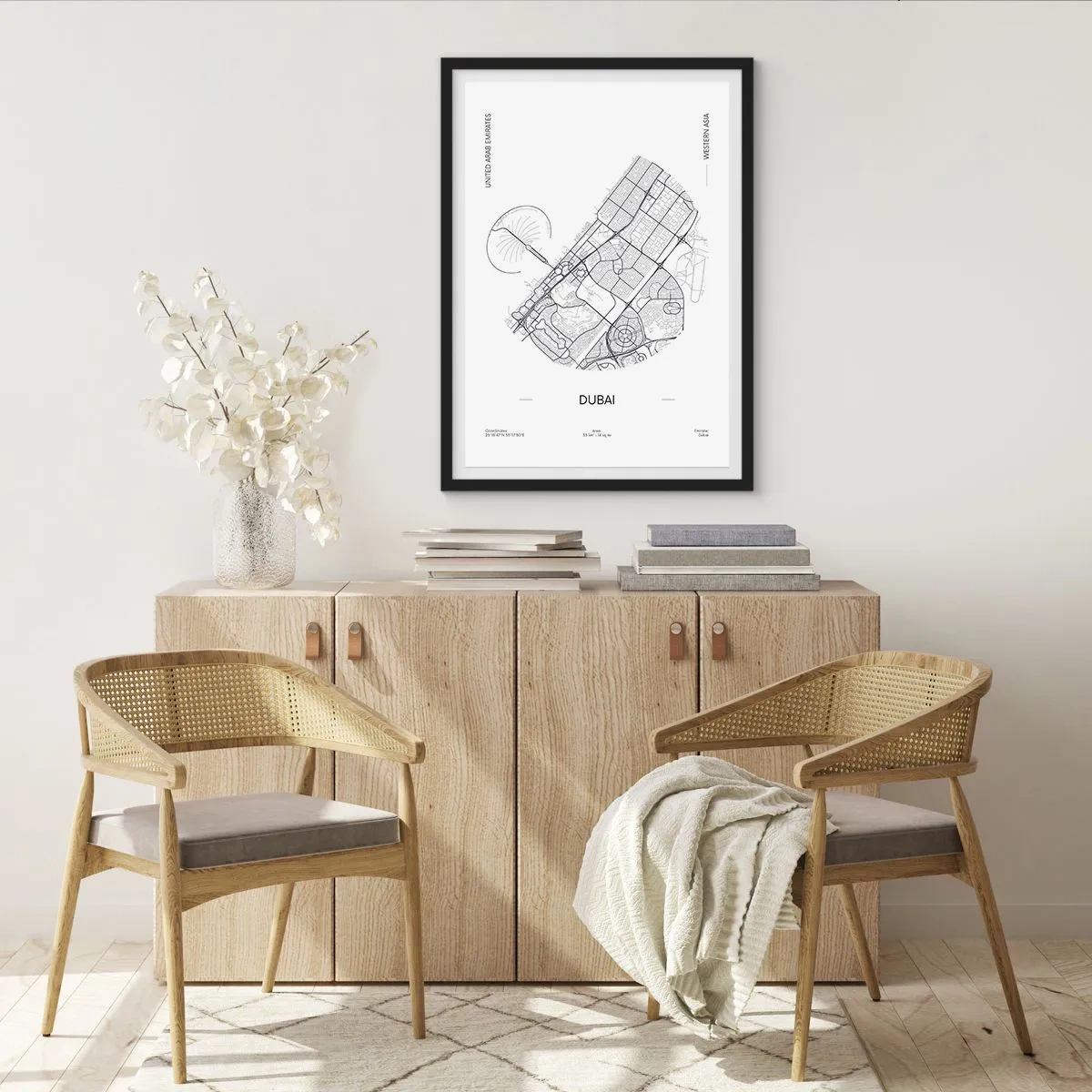 Poster in einem schwarzem Rahmen - Minimalistische Schwarz-Weiß-Karte von Dubai - 50x70cm - Anatomie von Dubai - Moderne Wanddekoration für Wohnzimmer und Schlafzimmer ARTTOR
