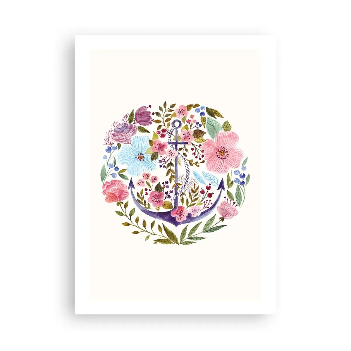 Poster - Ein Aquarellanker, umgeben von Blumen auf hellem Hintergrund. - 50x70cm - Guter Traum eines Seemanns - Moderne Wanddekoration für Wohnzimmer und Schlafzimmer ARTTOR