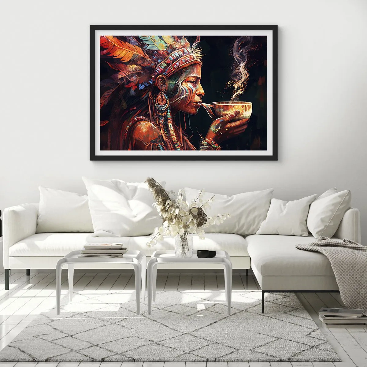 Poster in einem schwarzem Rahmen - Eine farbenfrohe Figur im Ethno-Stil mit einer Tasse dampfenden Getränks - 70x50cm - Magisches Ritual - Moderne Wanddekoration für Wohnzimmer und Schlafzimmer ARTTOR