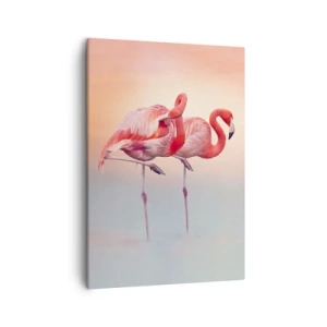 Bild auf Leinwand - Leinwandbild - Flamingos in zarten Pastellfarben auf Wasserhintergrund - 50x70cm - Die Farbe der untergehenden Sonne - Moderne Wanddekoration für Wohnzimmer und Schlafzimmer ARTTOR