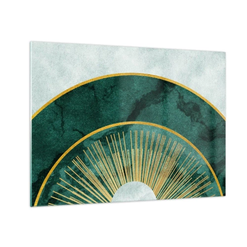 Glasbild - Bild auf glas - Goldene Strahlen vor einem Hintergrund aus grünen Halbkreisen mit Marmorstruktur - 70x50cm - Anderes Sonnensystem - Moderne Wanddekoration für Wohnzimmer und Schlafzimmer ARTTOR