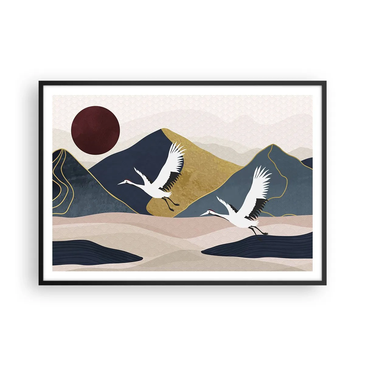 Poster in einem schwarzem Rahmen - Kraniche im Flug vor der Kulisse der Berge und einer roten Sonne - 100x70cm - Es ist wieder ein Tag VERFLOGEN - Moderne Wanddekoration für Wohnzimmer und Schlafzimmer ARTTOR