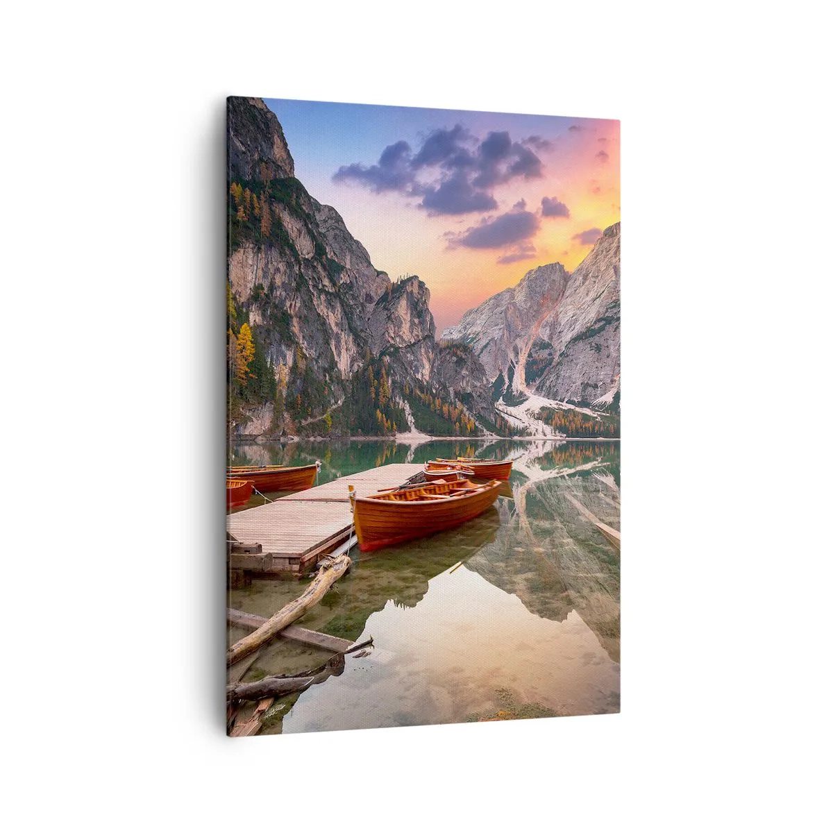 Bild auf Leinwand - Leinwandbild - Bergsee mit Booten bei Sonnenuntergang - 70x100cm - Versprechen des Tages - Moderne Wanddekoration für Wohnzimmer und Schlafzimmer ARTTOR
