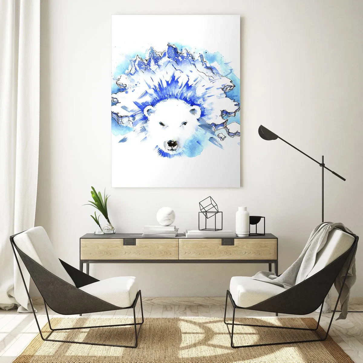 Glasbild - Bild auf glas - Künstlerische Aquarellmalerei eines Eisbären mit eisigem Motiv - 80x120cm - Der König der Arktis in einer Eiskrone - Moderne Wanddekoration für Wohnzimmer und Schlafzimmer ARTTOR