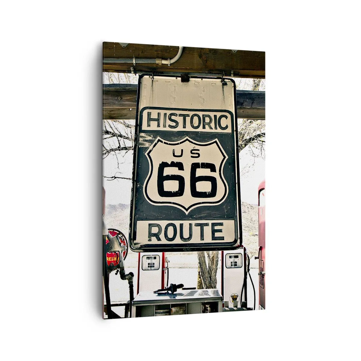 Bild auf Leinwand - Leinwandbild - Historische Tankstelle an der Route 66 - 80x120cm - Amerikanische Retro-Reise - Moderne Wanddekoration für Wohnzimmer und Schlafzimmer ARTTOR