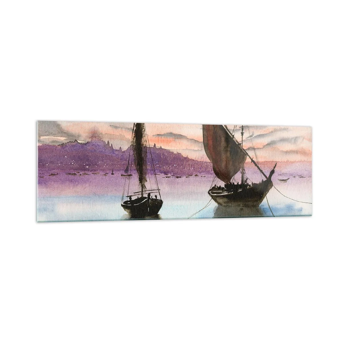 Glasbild - Bild auf glas - Zwei Segelschiffe liegen in der Abenddämmerung auf ruhigem Wasser vor Anker - 160x50cm - Abend am Hafen - Moderne Wanddekoration für Wohnzimmer und Schlafzimmer ARTTOR