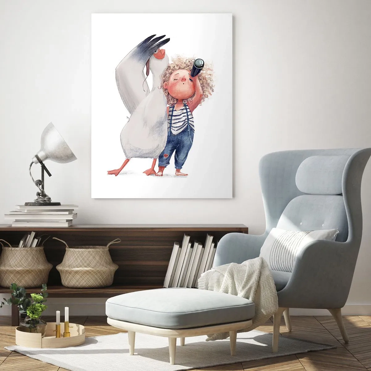 Glasbild - Bild auf glas - Illustration eines Kindes mit einem Pelikan und einem Teleskop in der Hand - 80x120cm - Toller Reiseplan - Moderne Wanddekoration für Wohnzimmer und Schlafzimmer ARTTOR