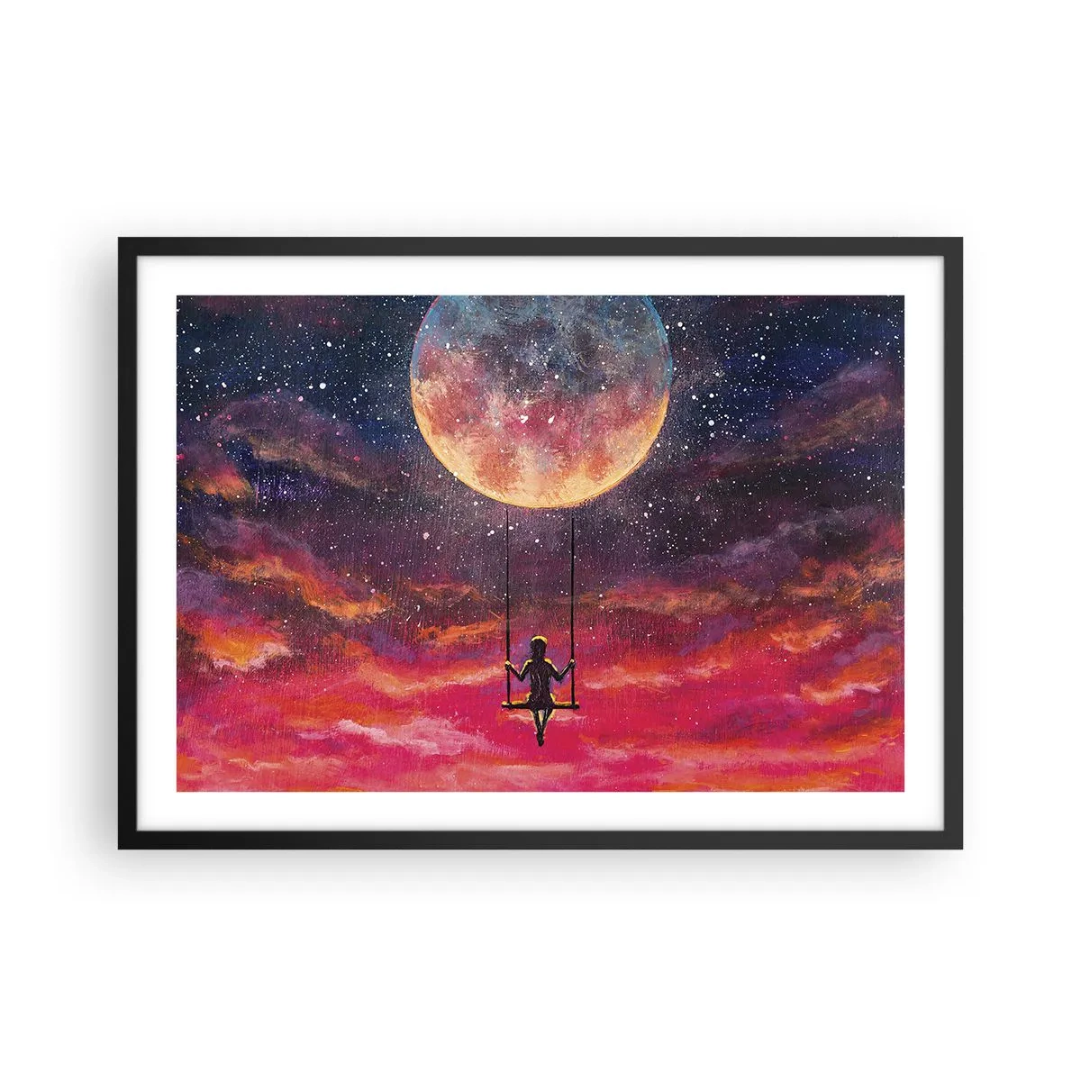 Poster in einem schwarzem Rahmen - Eine Figur auf einer Schaukel, die vor dem Mond hängt - 70x50cm - Traum - Moderne Wanddekoration für Wohnzimmer und Schlafzimmer ARTTOR