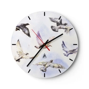 Wanduhr - Glasuhr - Ein Vogelschwarm im Flug vor einem Hintergrund in zarten Blautönen - 30x30cm - Freiheit in Grau und Blau - Moderne Wanddekoration für Wohnzimmer, Küche und Schlafzimmer ARTTOR