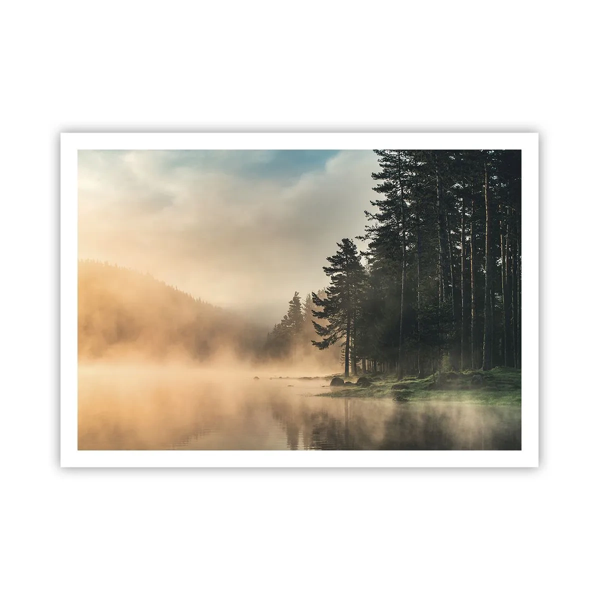 Poster - Ein nebliger Wald über einem ruhigen See - 100x70cm - Die Geburt des Tages - Moderne Wanddekoration für Wohnzimmer und Schlafzimmer ARTTOR