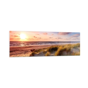 Glasbild - Bild auf glas - Ein grasbewachsener Strand und ein Sonnenuntergang über einem ruhigen Meer - 160x50cm - Die Luft riecht schon im Sommer - Moderne Wanddekoration für Wohnzimmer und Schlafzimmer ARTTOR