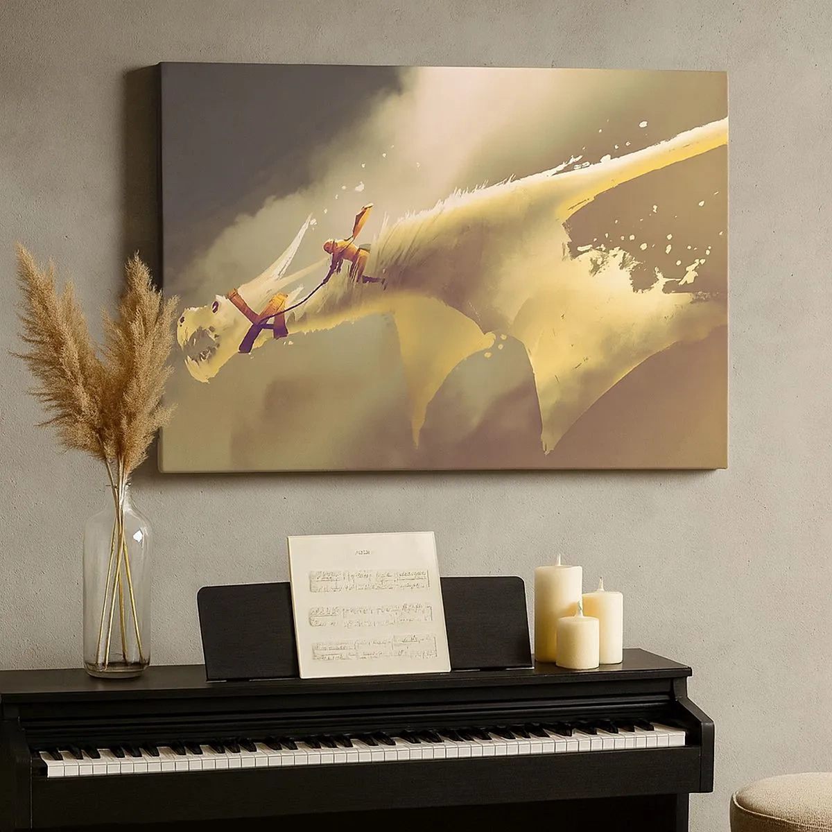 Bild auf Leinwand - Leinwandbild - Illustration eines Drachenreiters in einer Fantasy-Wolkenlandschaft - 70x50cm - Die Welt zur Rettung - Moderne Wanddekoration für Wohnzimmer und Schlafzimmer ARTTOR
