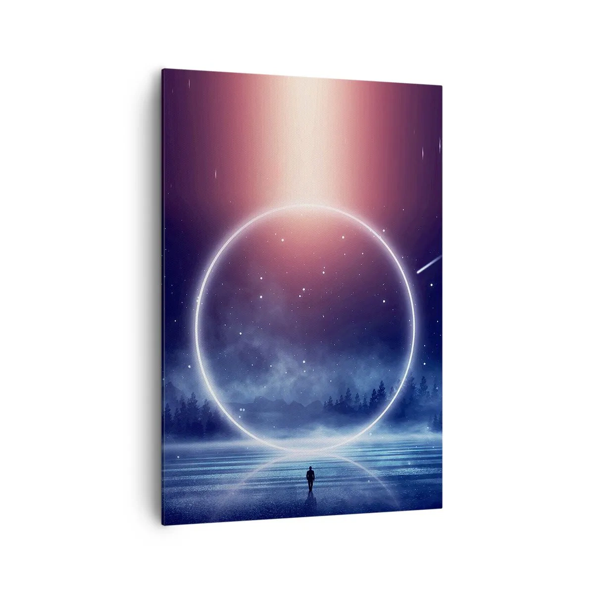 Bild auf Leinwand - Leinwandbild - Eine magische Landschaft mit einer Figur und einem Lichtkreis bei Nacht - 70x100cm - Sie sind schon da ... - Moderne Wanddekoration für Wohnzimmer und Schlafzimmer ARTTOR