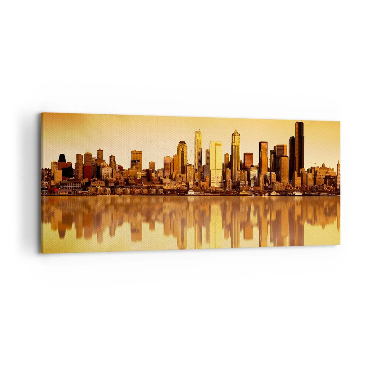 Bild auf Leinwand - Leinwandbild - Stadtpanorama spiegelt sich im Wasser bei Sonnenuntergang - 120x50cm - Die Stille der Metropole - Moderne Wanddekoration für Wohnzimmer und Schlafzimmer ARTTOR