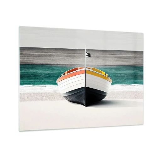 Glasbild - Bild auf glas - Ein buntes Boot am Strand mit türkisfarbenem Meer im Hintergrund - 70x50cm - An seinem Platz - Moderne Wanddekoration für Wohnzimmer und Schlafzimmer ARTTOR